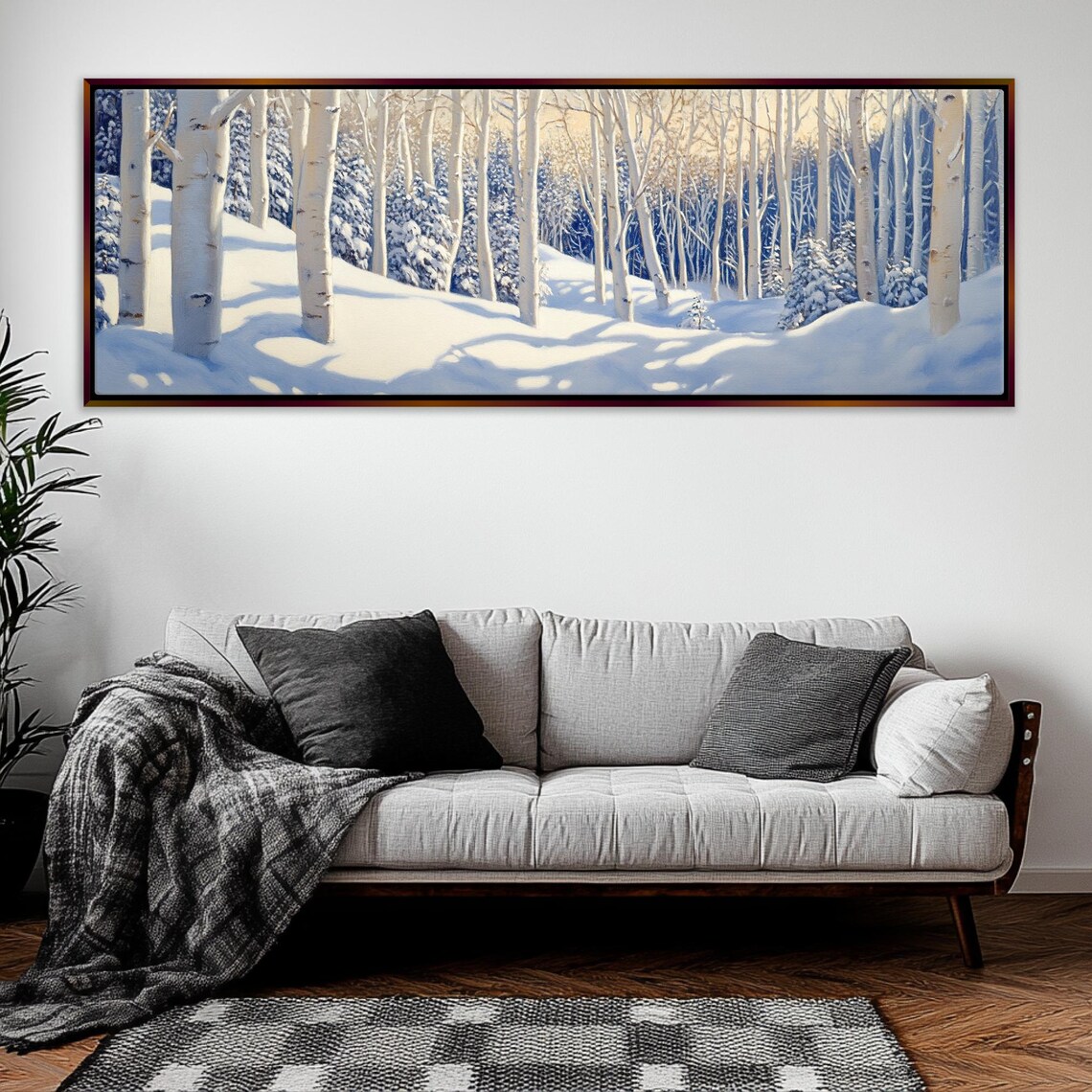 Panoramic Cozy Aspen Trees In Snow Rustic Framed Unframed Long Horizontal Gallery Wrapped Ready To Hang Extra Large Wall Art - Image 3
