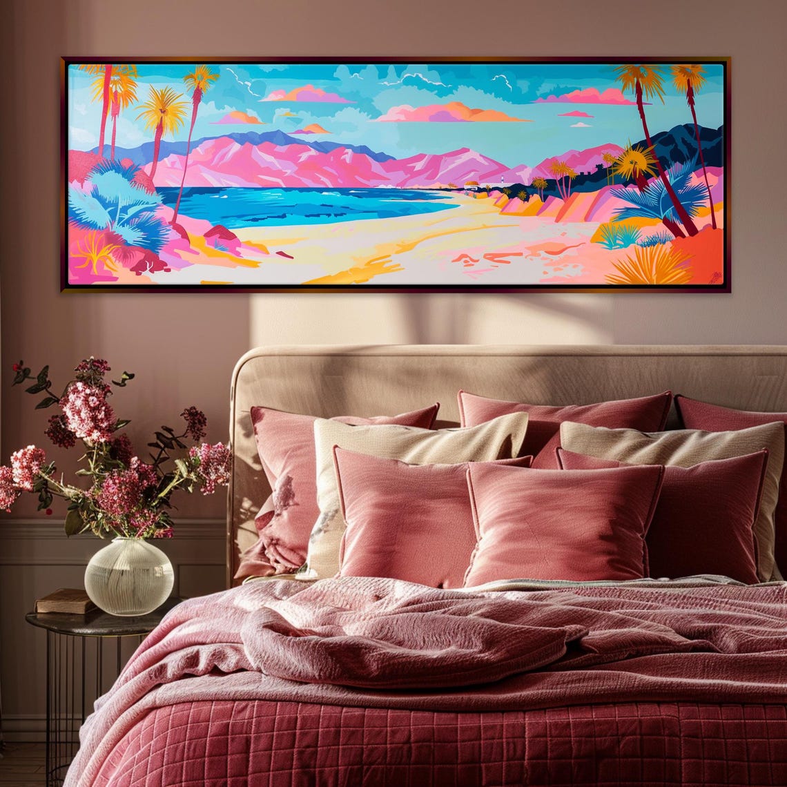 Pastel Beach Panorama Pink Mountains Turquoise Sea Palms Travel Poster - Image 3