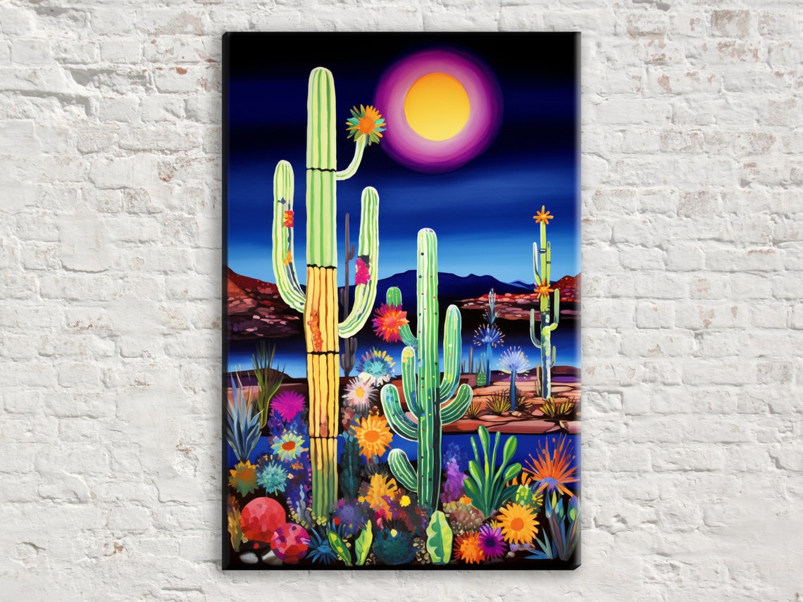 Desert Night Saguaro Cactus Blooming Wildflowers Glowing Moon Poster
