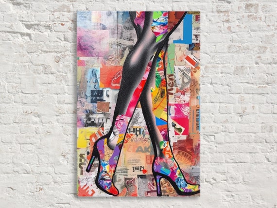 Womans Legs In Heels Modern Collage Print Mixed Medium Fashion Art Extra Large Wall Art Available In All Sizes