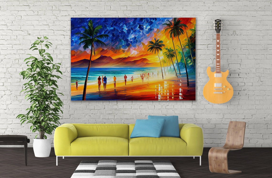Hawaii Tropical Beach Sunset Palm Trees Beachgoers Island Poster - Image 4