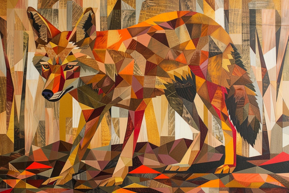 Geometric Low Poly Coyote Walking Forest Warm Orange Brown Art Poster - Image 5