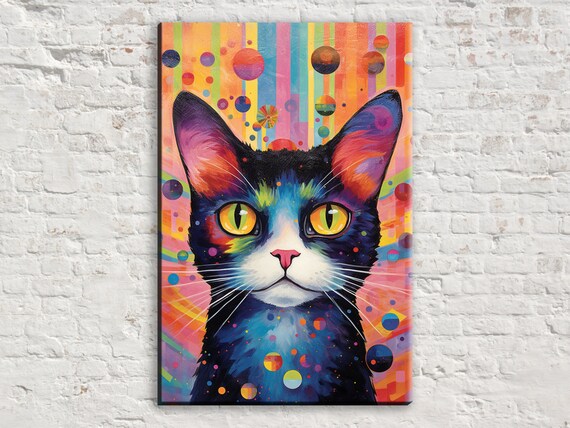 Black Cat Portrait Rainbow Bubble Background Yellow Eyes Pop Art Print