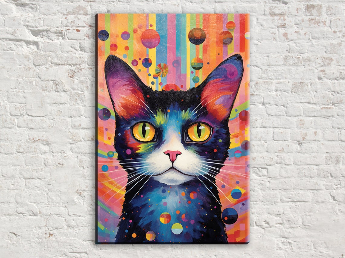 Black Cat Portrait Rainbow Bubble Background Yellow Eyes Pop Art Print
