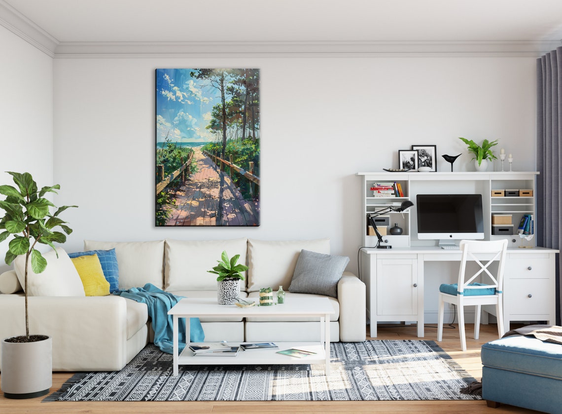 Wooden Boardwalk Path Through Pine Trees To The Ocean Beach Poster - Image 3