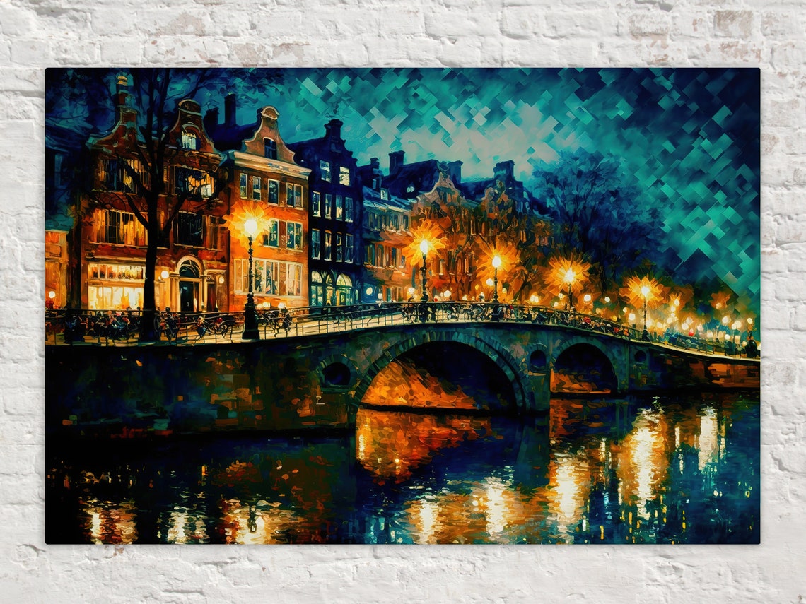 Amsterdam Canal Night Bridge Bikes Golden Lights Old Town Poster