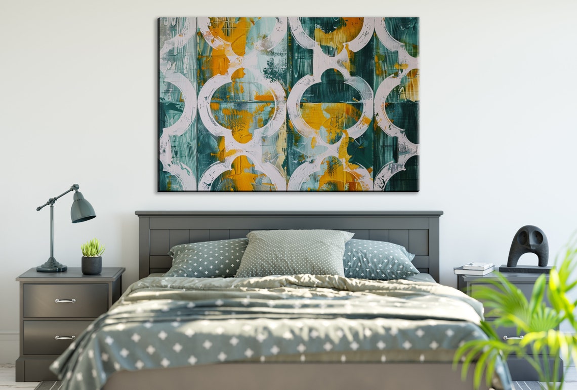 Moroccan Quatrefoil Pattern Green Gold White Farmhouse Wall Art Poster - Image 2