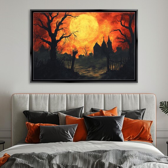 Eerie Halloween Haunted House Sunset Orange Sky Bats Spooky Wall Art