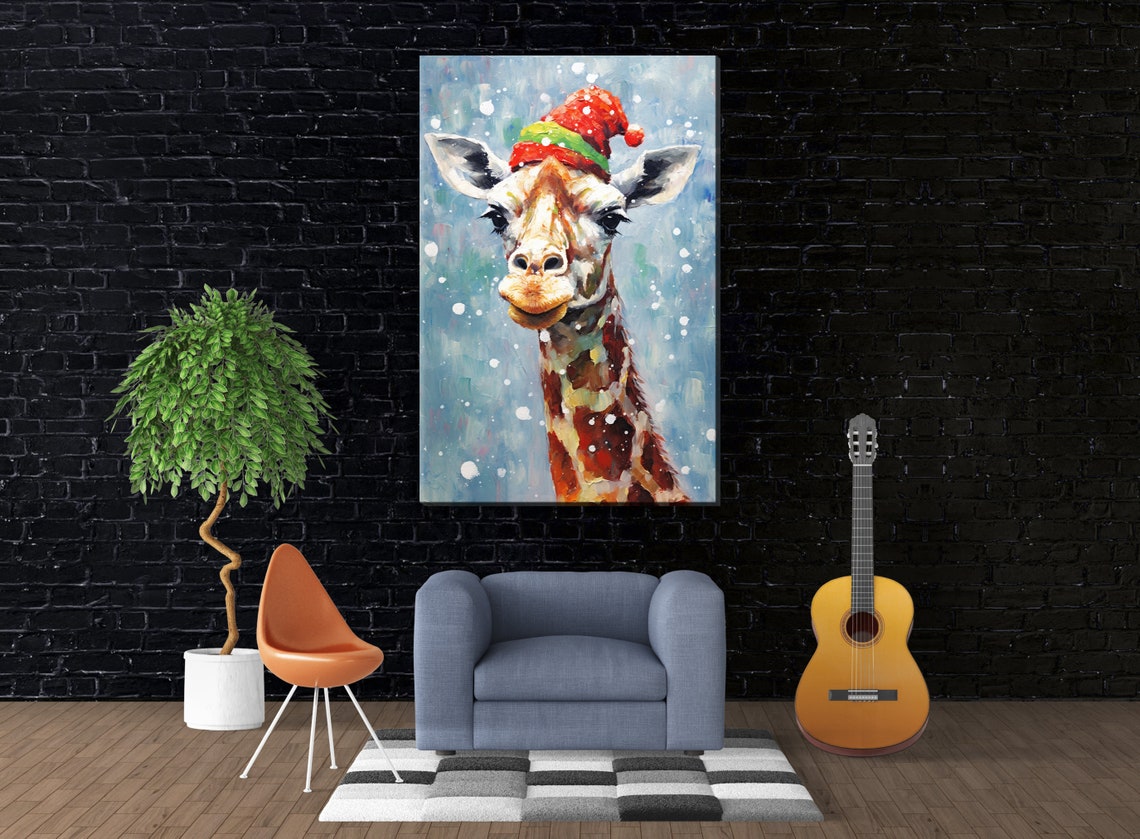 Whimsical Giraffe In Santa Hat Snowy Winter Fun Animal Art Wall Poster - Image 4