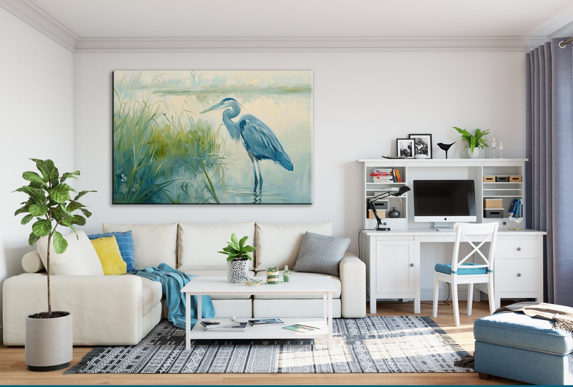 Blue Heron Misty Morning Marsh Soft Watercolor Coastal Art Poster - Image 3