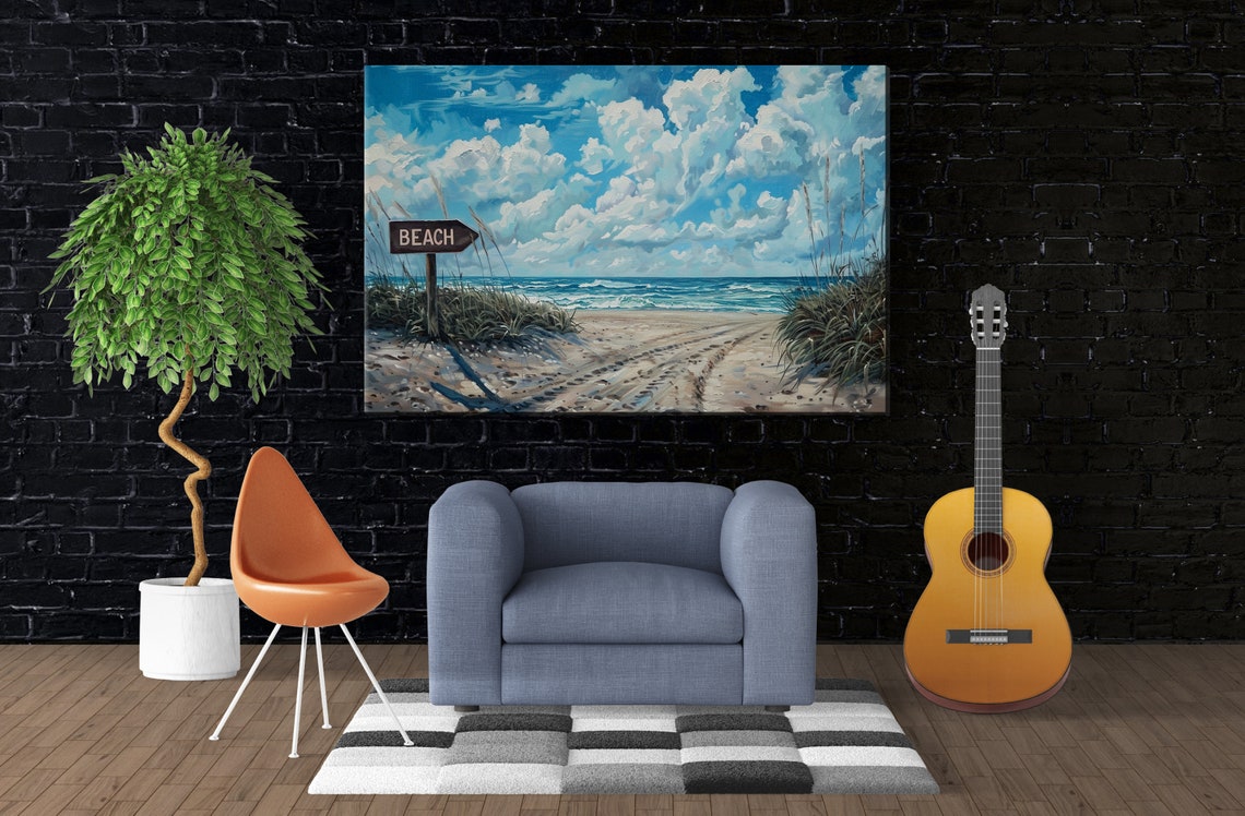 Beach Sign Sandy Path Ocean Horizon Billowing Clouds Coastal Poster - Image 3
