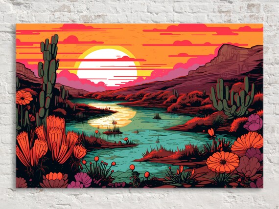 Orange Desert Sunset Linocut Style Wall Art Gicle Print On Gallery Wrapped Artist Ready To Hang Available In Extra Large Sizes