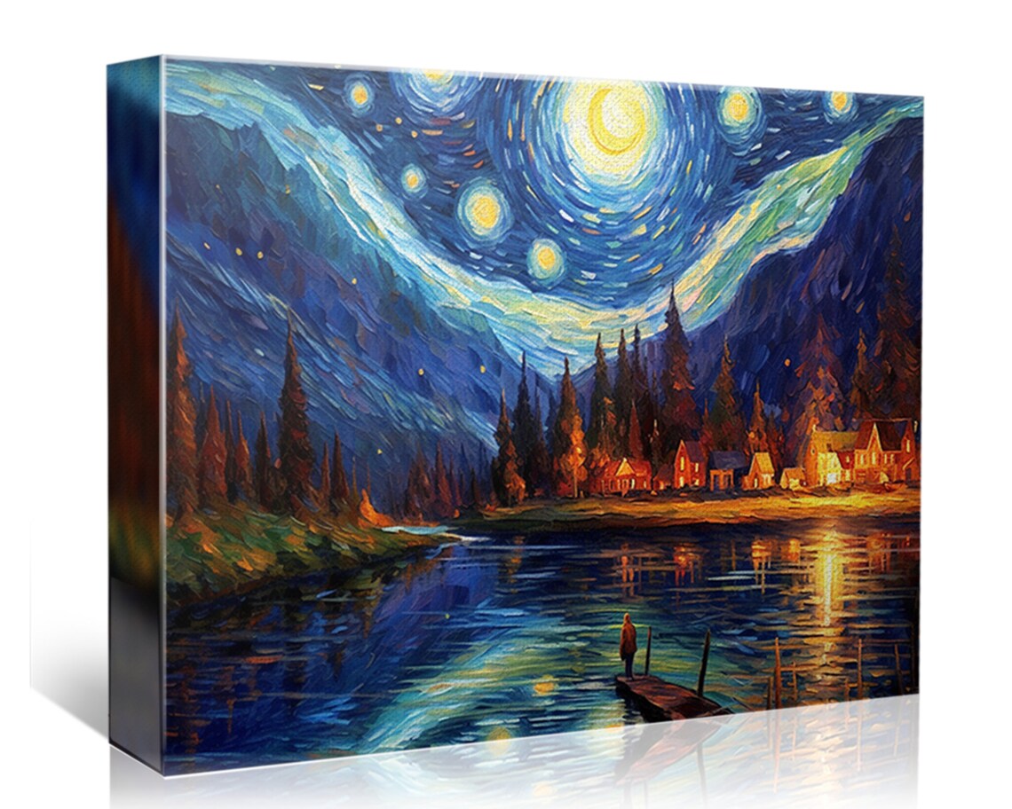 Starry Night Lake House at Night, Van Gogh-Inspired Art Print - Image 4