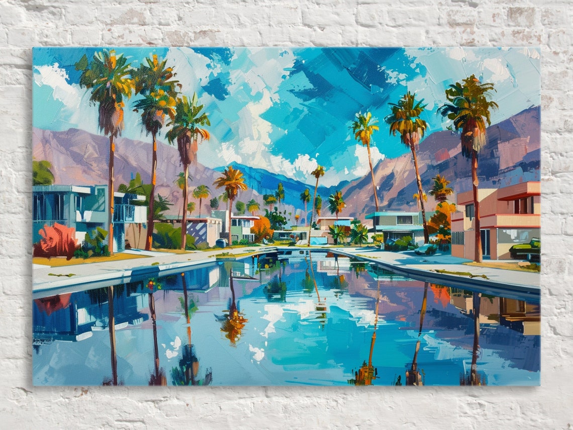 Palm Springs Pool Reflection Palms Mountains Mid Century Modern Poster