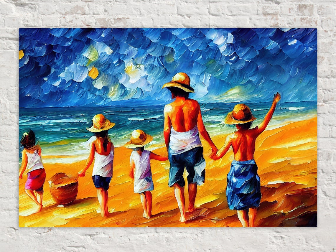 Family Walking Beach Golden Ocean Waves Colorful Impasto Art Poster