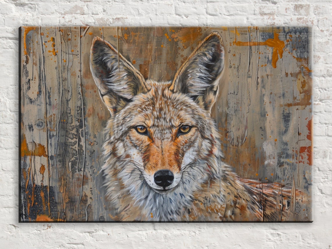 Coyote Close Up Portrait Weathered Wood Rustic Brown Tones Art Poster