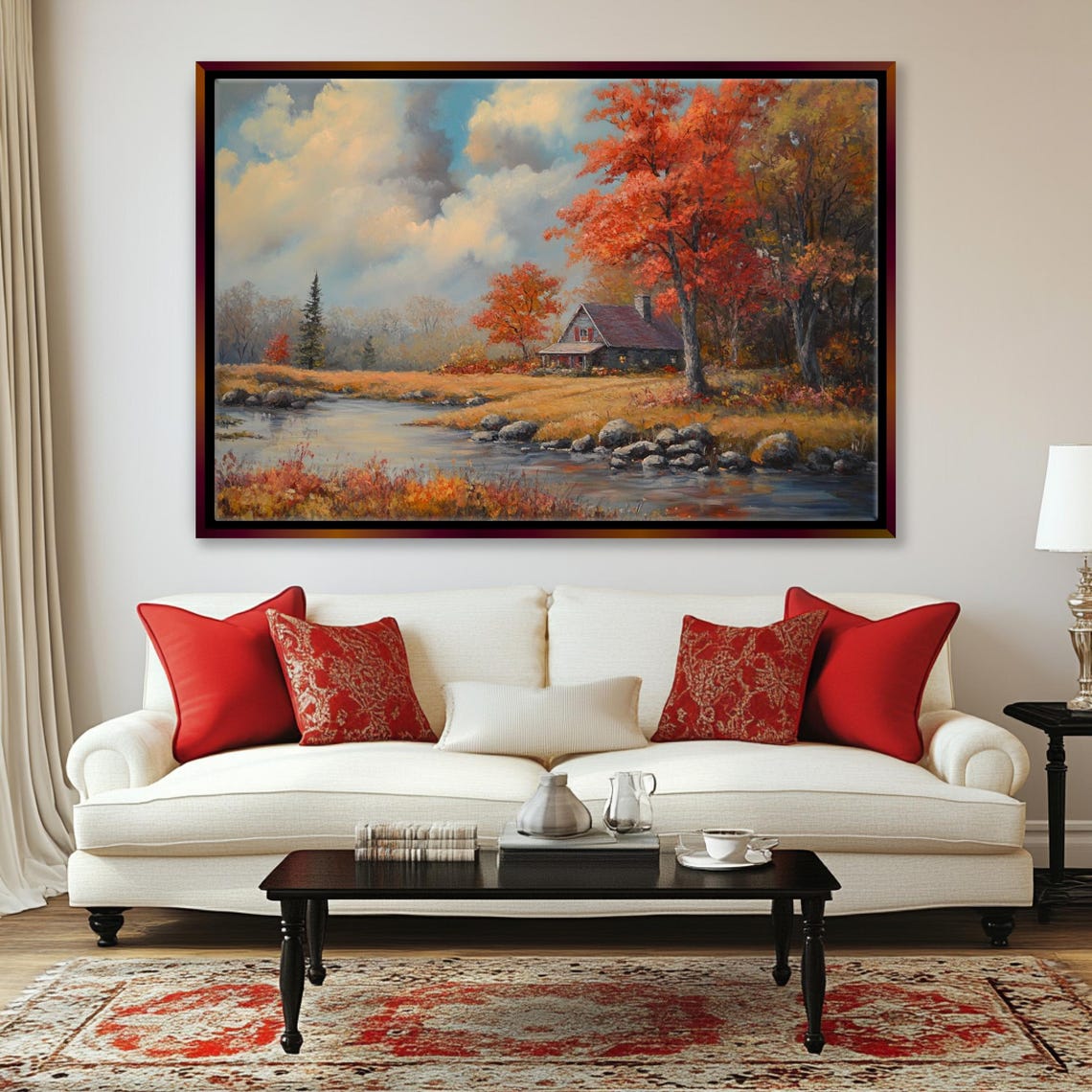 Serene Autumn Cottage Fall Landscape Stream Golden Trees Cozy Wall Art