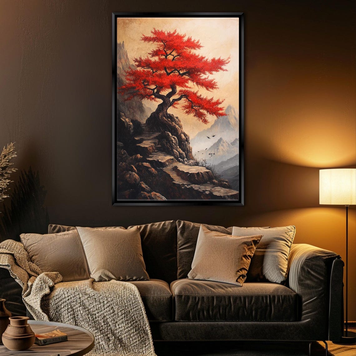 Red Japanese Maple Tree On Rocky Cliff Misty Mountains Autumn Art - Image 5