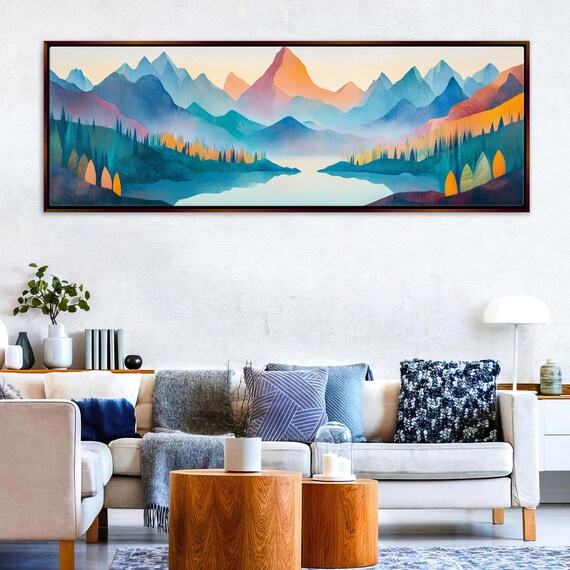 Mid Century Modern Mountain Panoramic Framed Unframed Long Horizontal Gallery Wrapped Gicle Ready To Hang Extra Large Wall Art