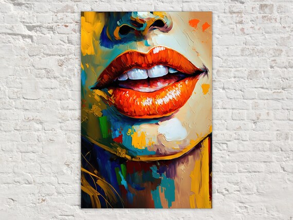 Red Lips Seductive Mouth Pop Art Feminine Colorful Oil Painting Large Wall Art Print