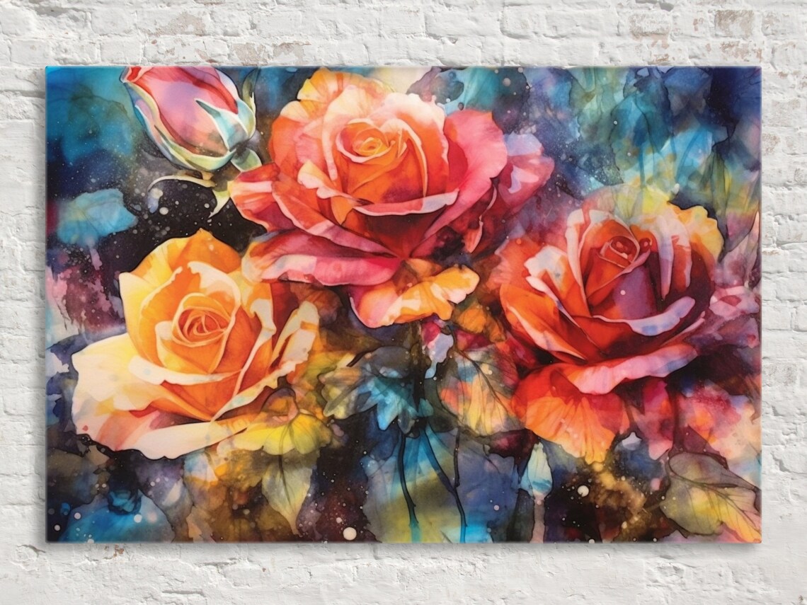 Yellow and Orange Roses, Alcohol Ink Floral Art Print