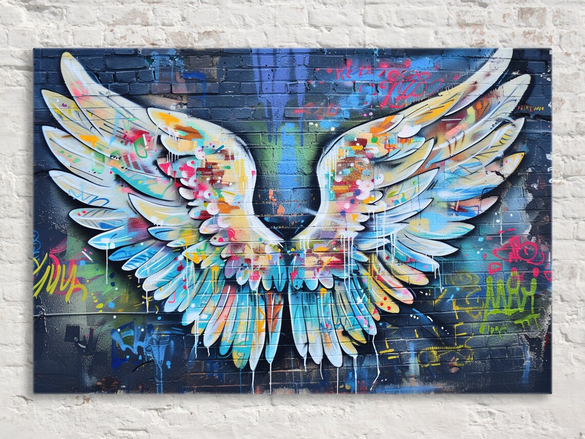 Colorful Graffiti Angel Wings Urban Brick Wall Street Art Print