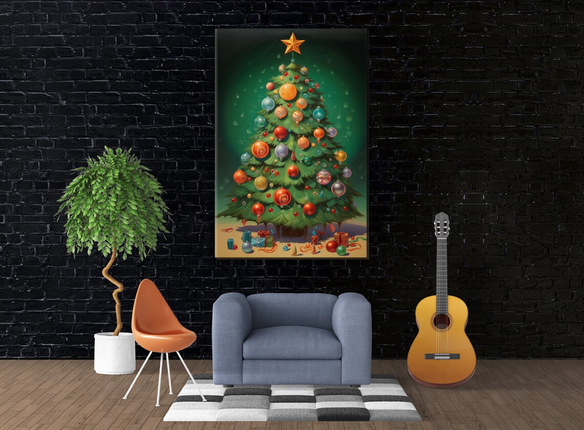 Festive Holiday Tree Illustration Giclee Print On Gallery Wrapped Artist Ready To Hang Available In Extra Large Sizes - Image 4