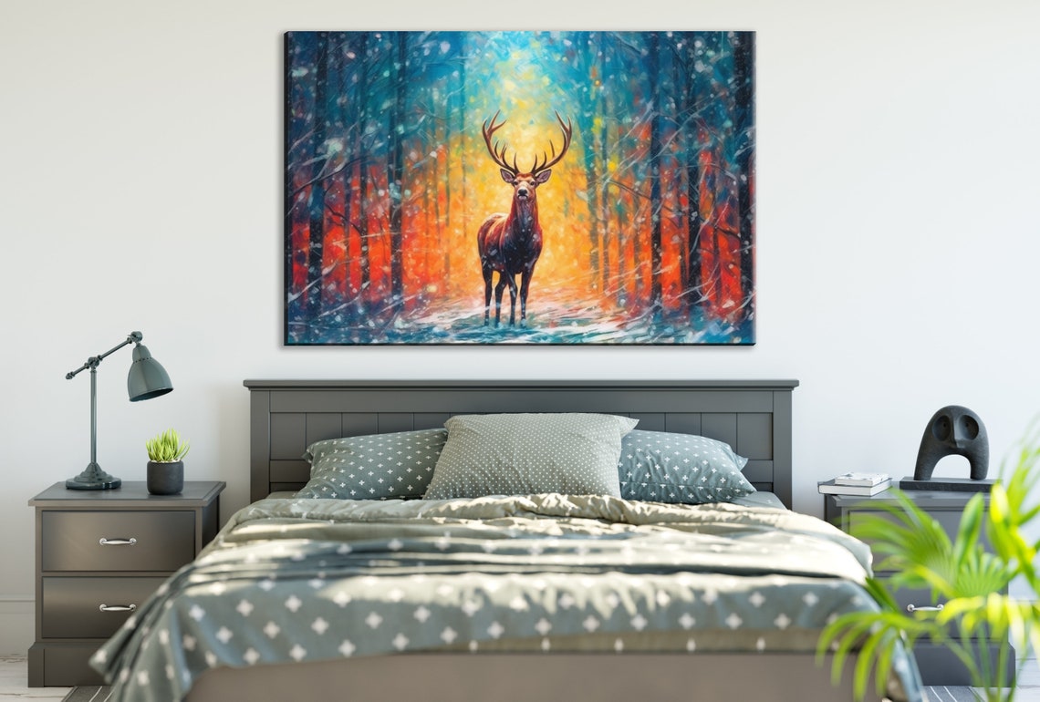 Noble Stag Glowing Winter Forest Snowy Night Ethereal Animal Art Print - Image 2