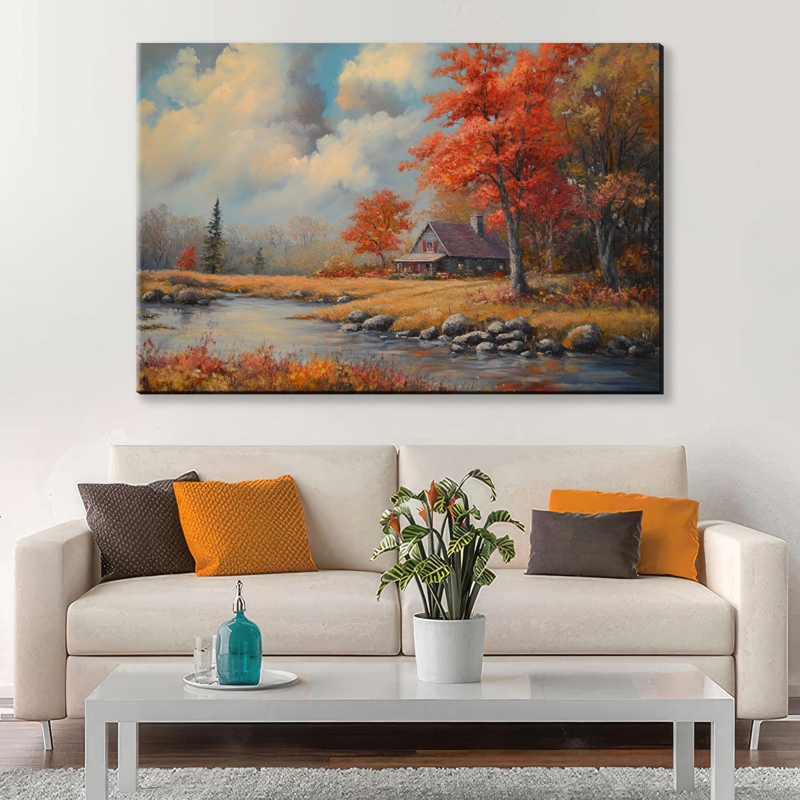 Serene Autumn Cottage Fall Landscape Stream Golden Trees Cozy Wall Art - Image 4