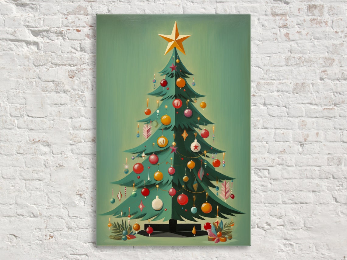 Mid Century Modern Christmas Tree Festive Round Ornaments Art Poster