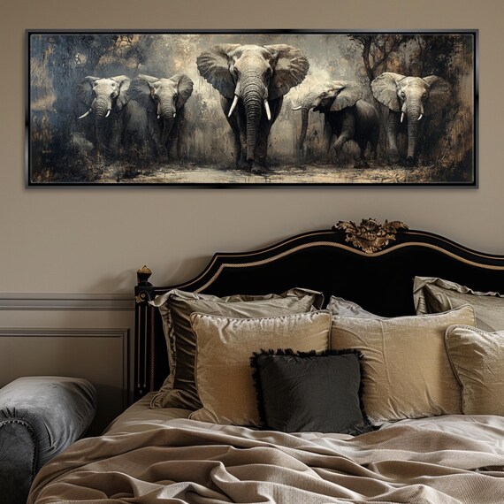 Elephant Herd Panoramic Art Print, Wildlife Scene