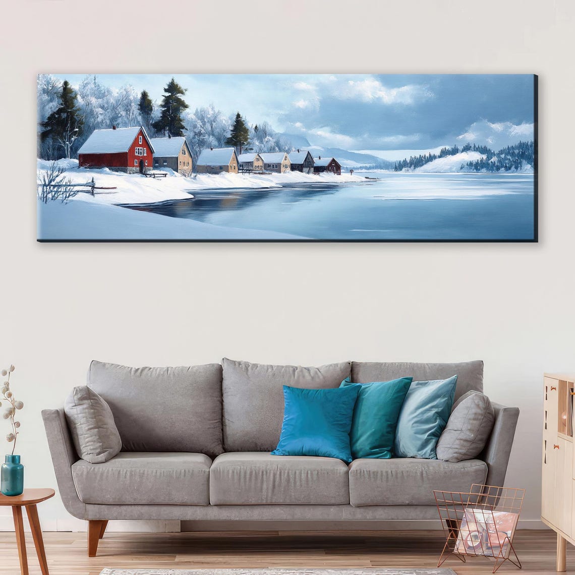 Red Boathouses On Snowy Winter Lake Calm Still Water Panoramic Poster - Image 5