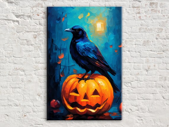 Black Crow on Jack O Lantern Halloween Night Spooky Art Poster