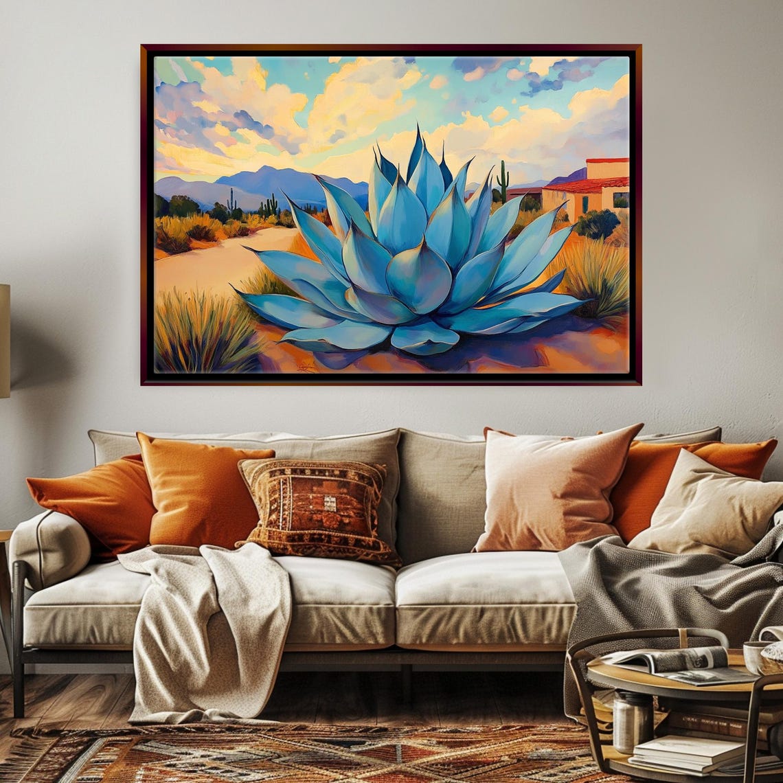 Blue Agave Cactus Desert Southwest Village Mountains Sunset Art Poster