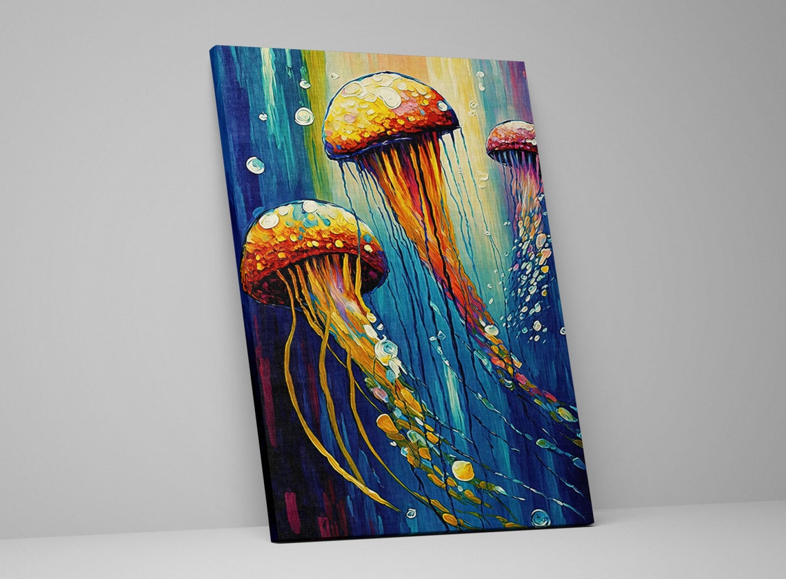 Three Jellyfish Golden Tentacles Deep Blue Ocean Dreamy Art Poster - Image 3