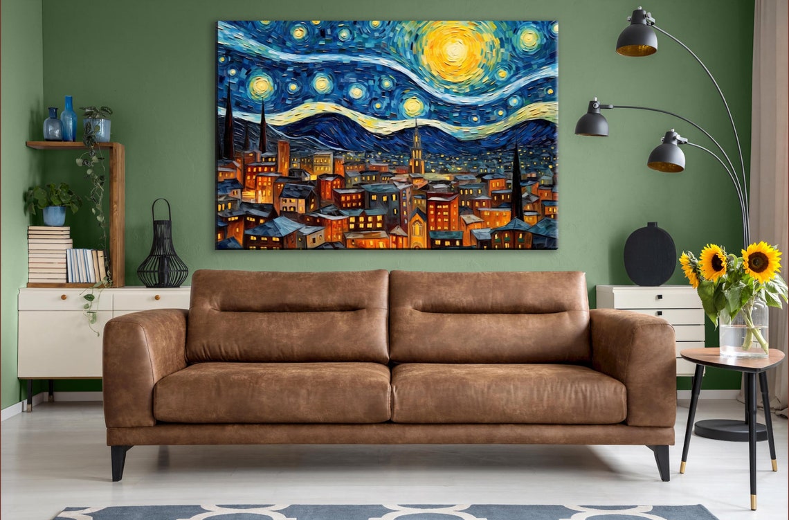 Starry Night City Skyline Swirling Blue Yellow Van Gogh Style Poster - Image 3