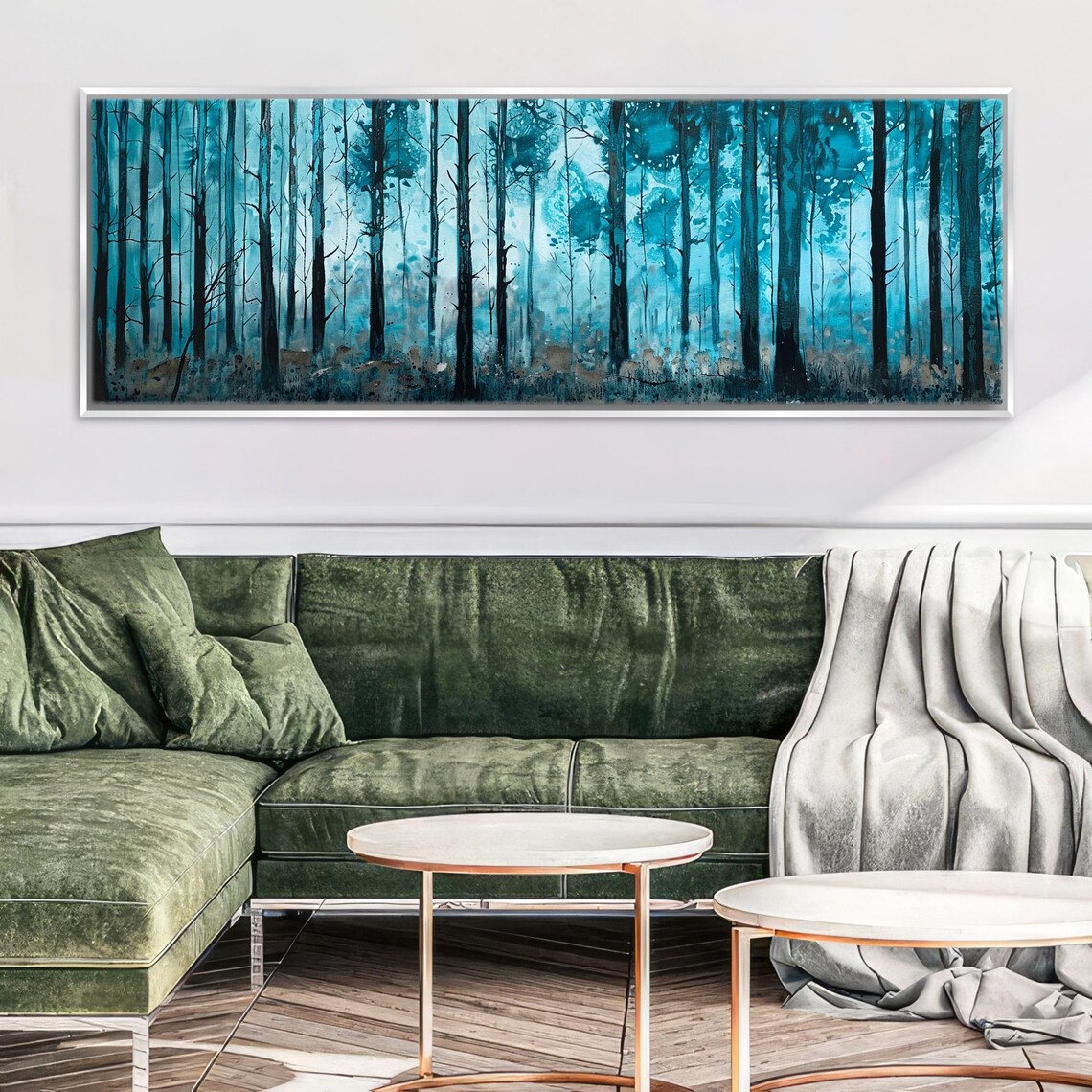 Panoramic Blue Watercolor Forest Print Framed Unframed Long Horizontal Gallery Wrapped Gicle Ready To Hang Extra Large Wall Art - Image 3