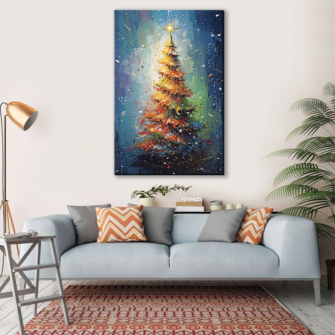 Festive Golden Christmas Tree Blue Night Starry Sky Painting Art Print - Image 2