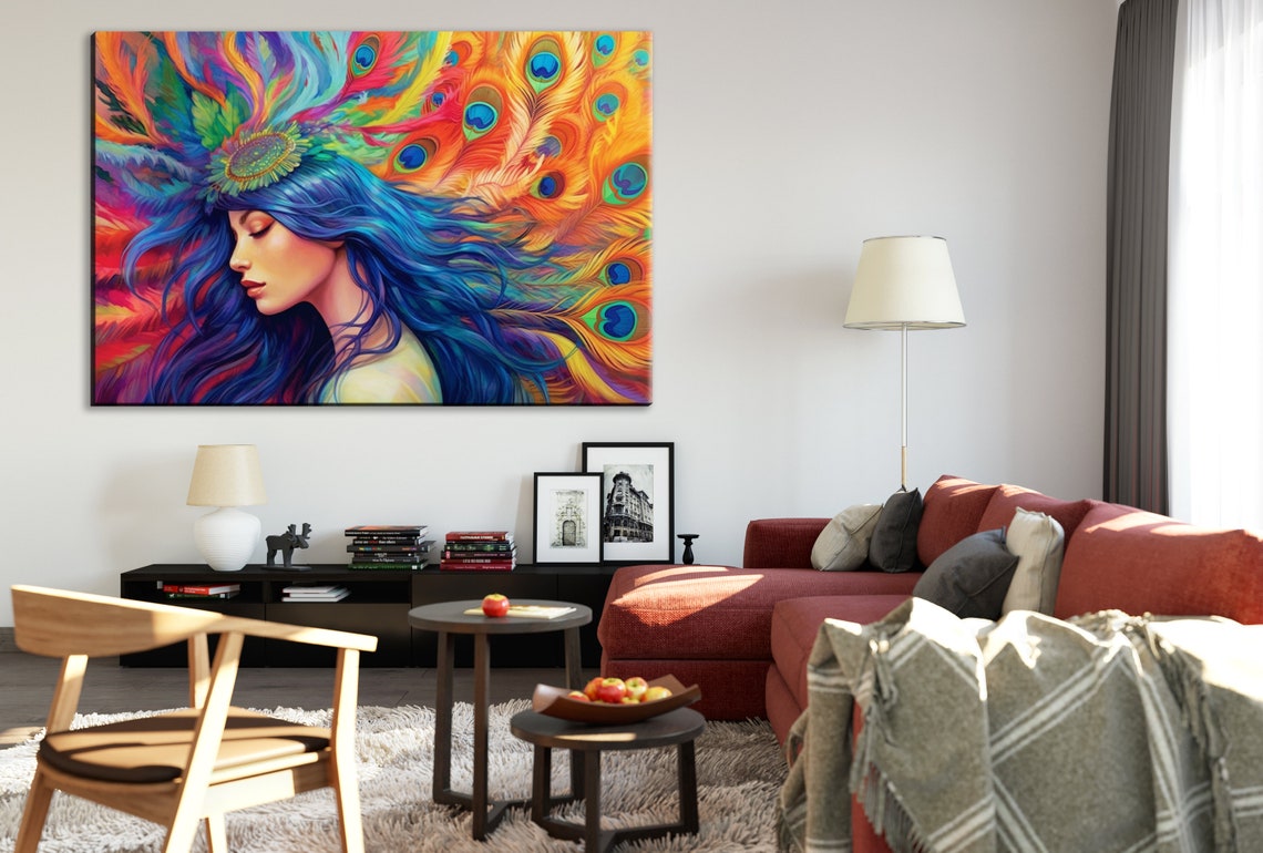 Colorful Woman with Peacock Feather Headpiece Blue Hair Art Poster - Image 2