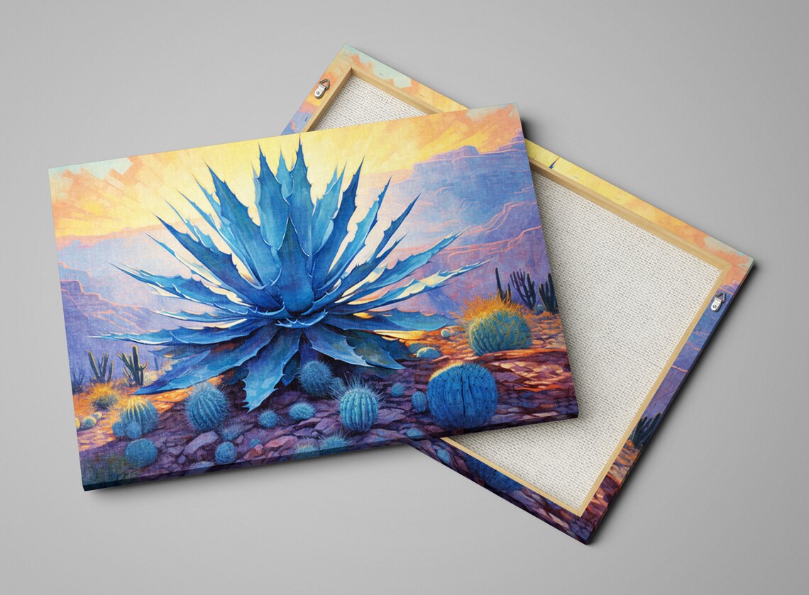 Vivid Blue Agave With Barrel Cacti Desert Art Southwest Sunset Giclee Print On Artist Extra Large Sizes - Image 4