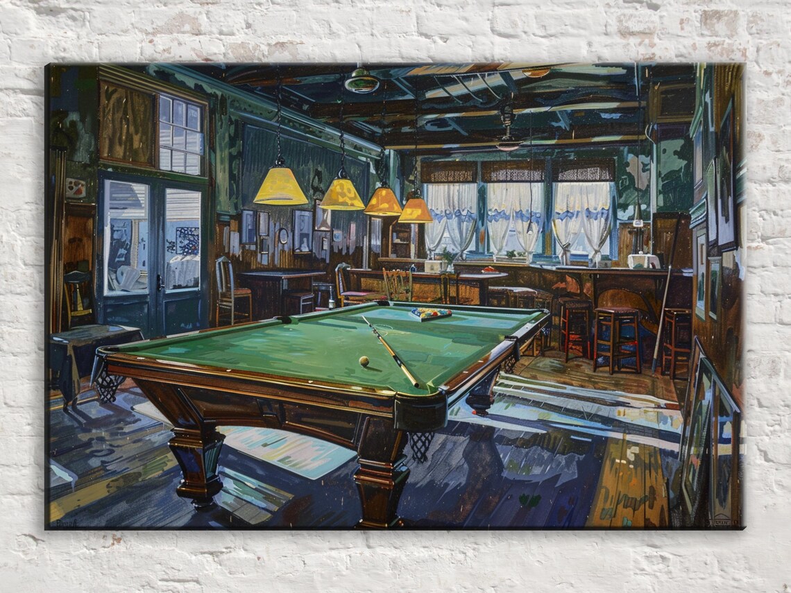 Vintage Billiards Pool Hall Bar Painting Game Room Mancave Wall Art