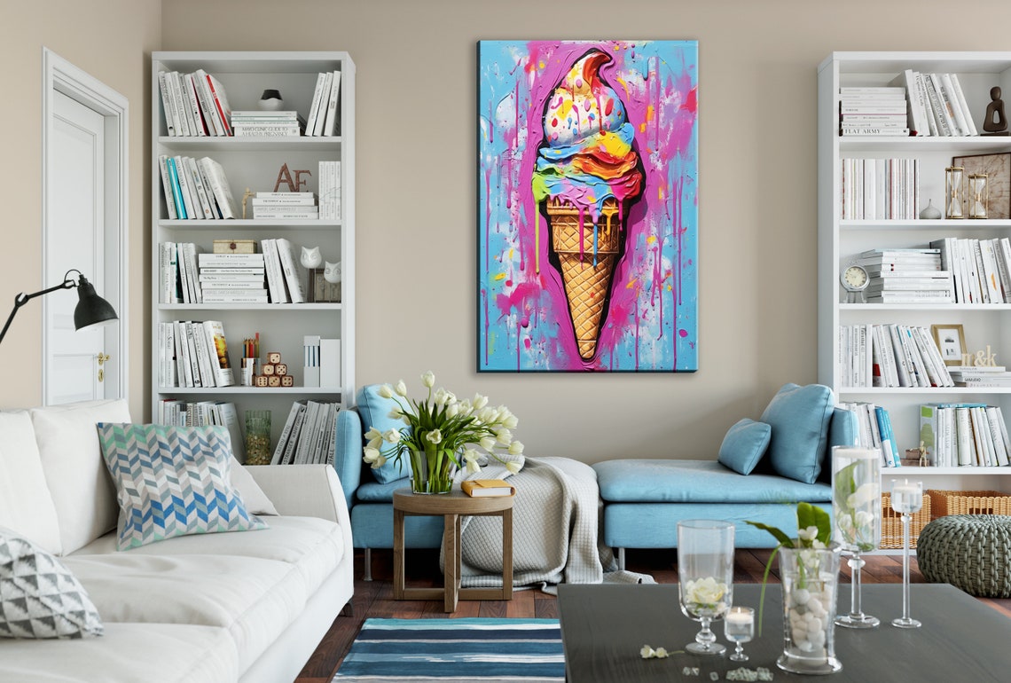 Melting Ice Cream Cone Pop Art Pink Blue Drips Sweet Wall Art - Image 3