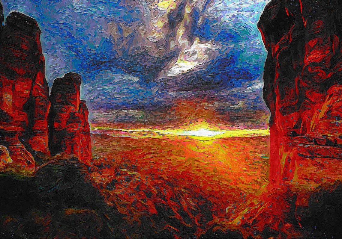 Desert Canyon Sunset Fiery Orange Glow Red Rocks Impressionist Poster