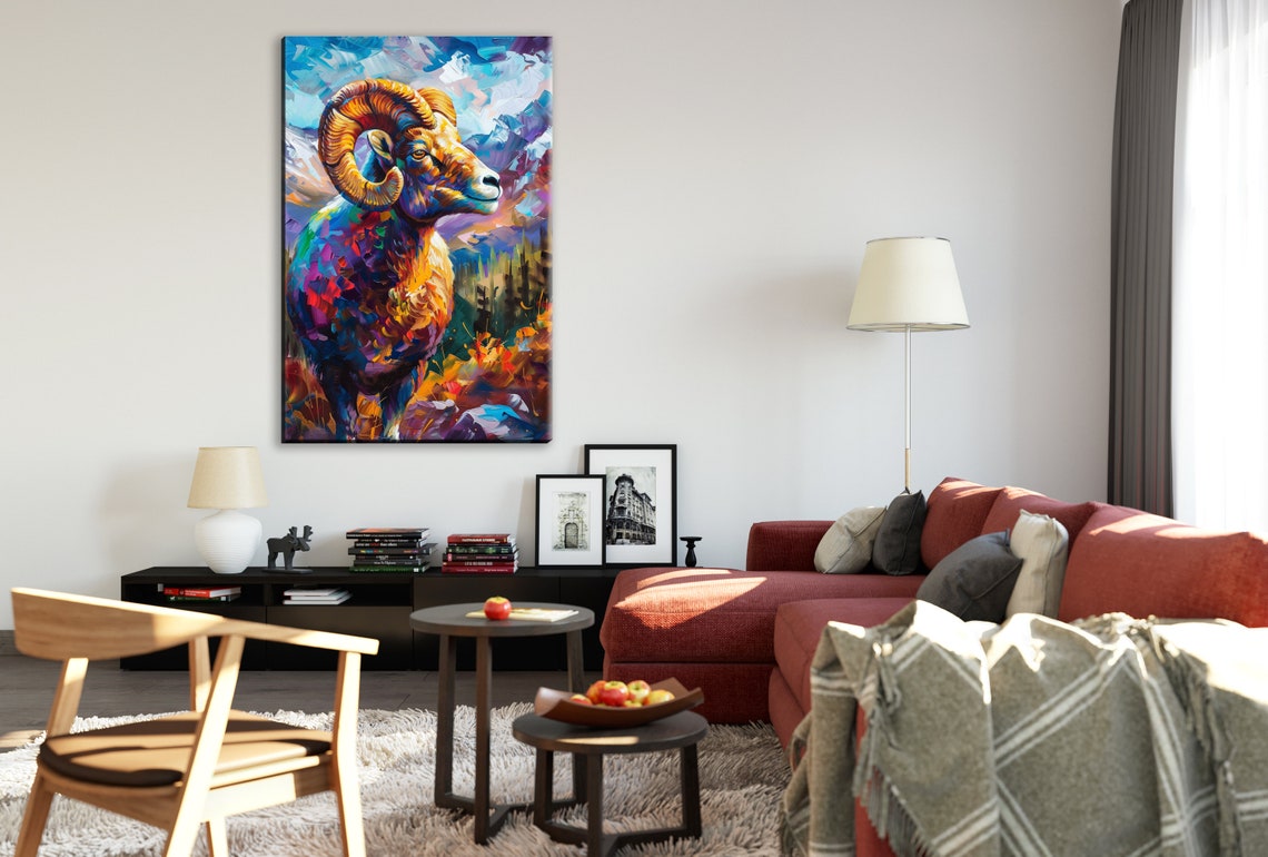 Majestic Ram Portrait Golden Curled Horns Colorful Wildlife Art Poster - Image 2