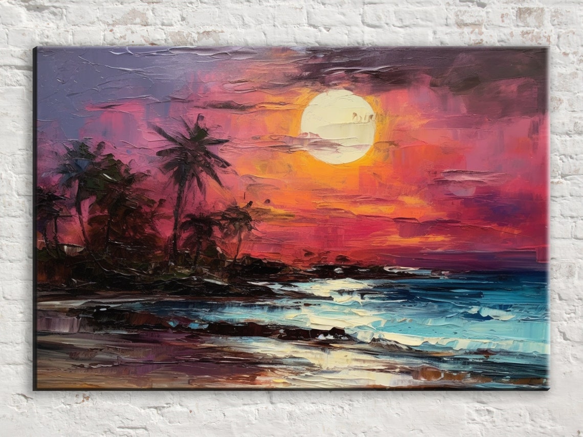 Tropical Moonlit Beach Palm Trees Pink Sunset Ocean Waves Poster