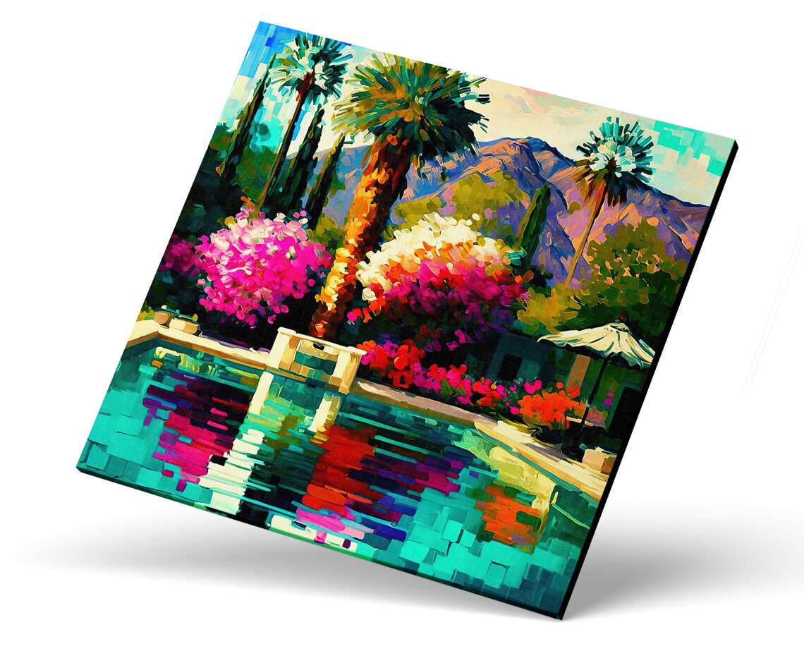 Palm Springs Pool Scene, Colorful Painting Print - Image 3
