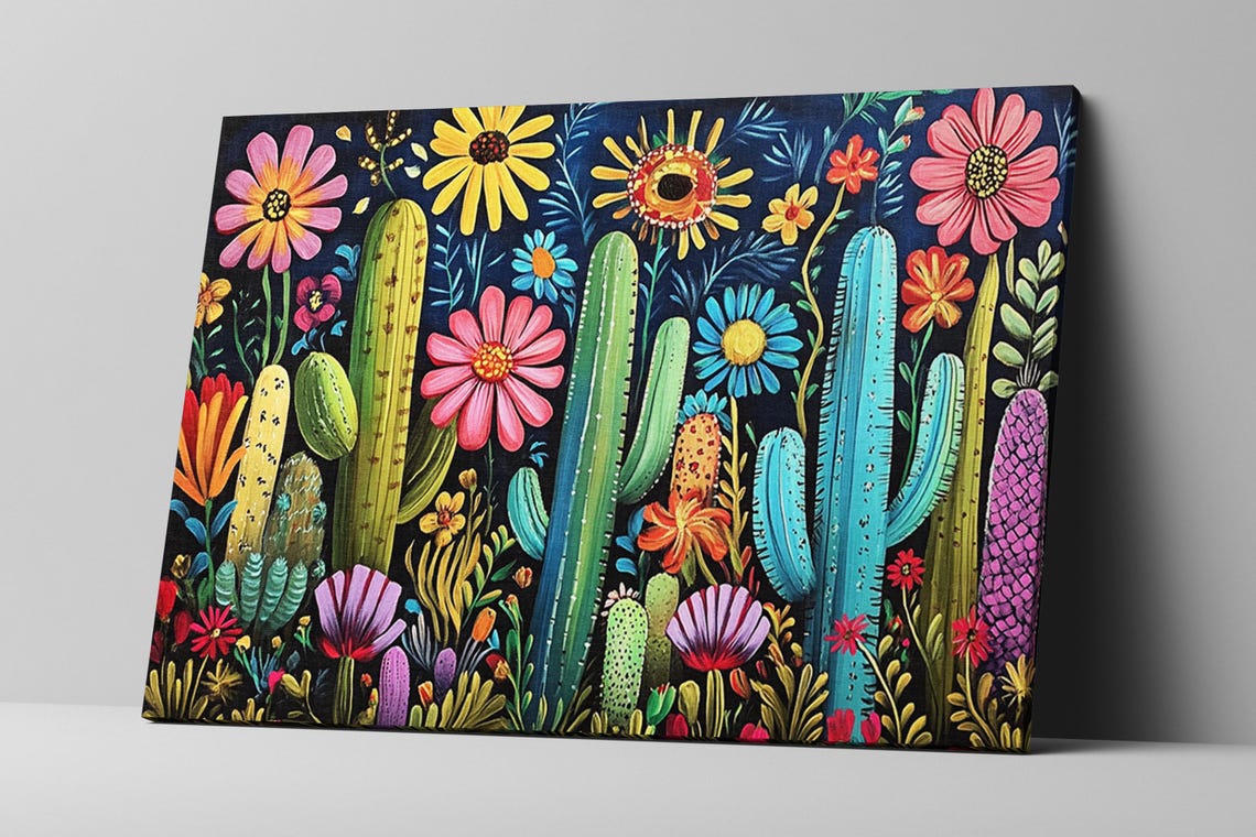 Colorful Cactus Garden With Blooms Dark Background Botanical Wall Art - Image 3