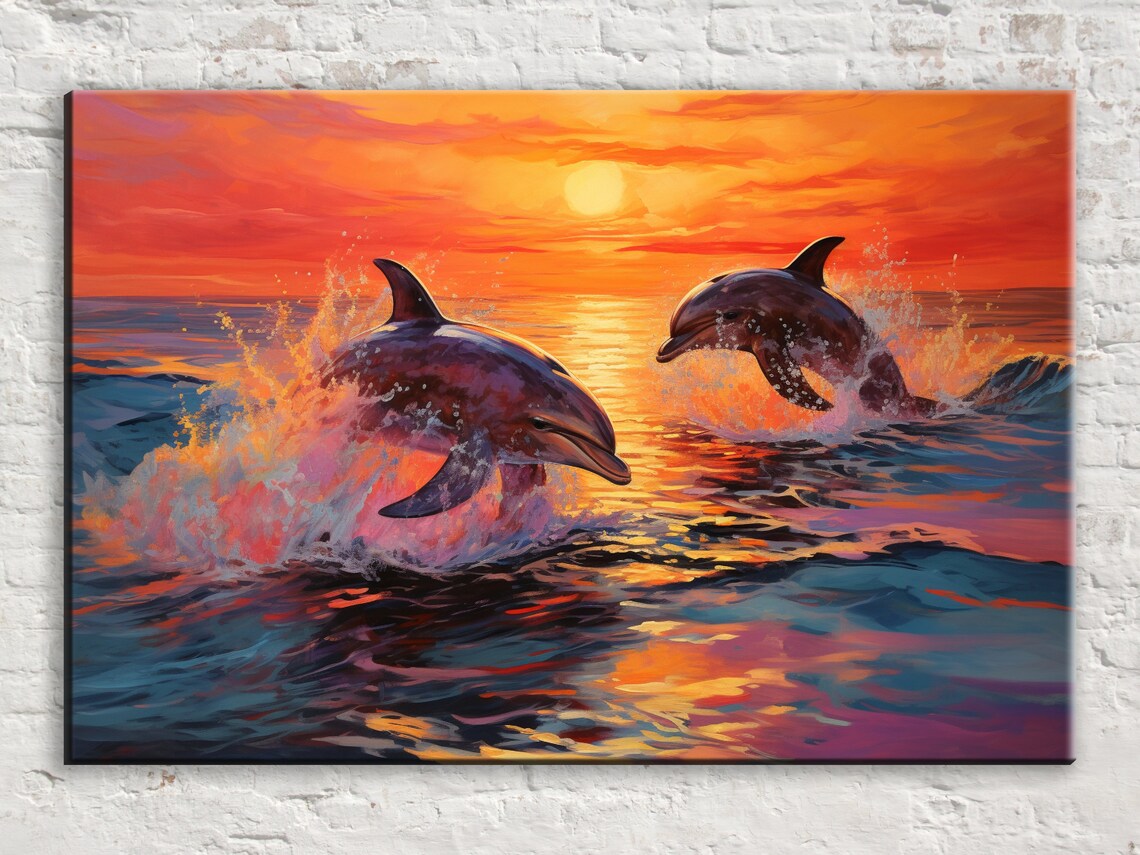 Ocean Harmony Twin Dolphins Swimming At Sunset Wall Decor Available In Extra Large Sizes