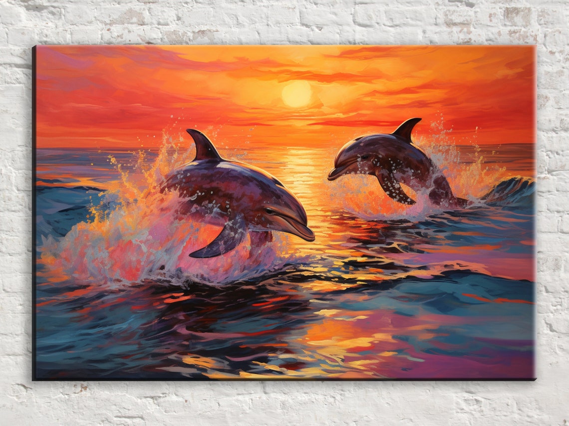 Playful Twin Dolphins Splashing Golden Sunset Waves Ocean Art Poster