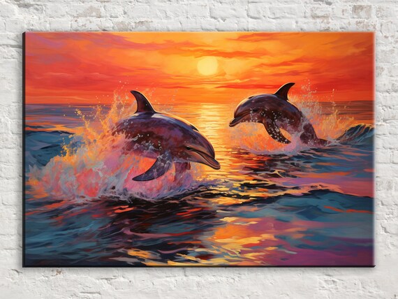 Ocean Harmony Twin Dolphins Swimming At Sunset Wall Decor Available In Extra Large Sizes